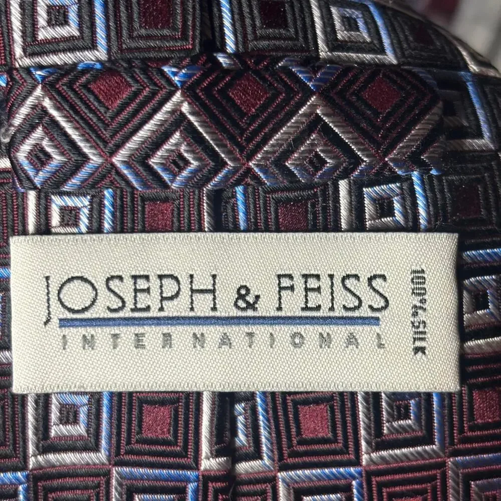 Joseph & Feiss International 100% Silk Geometric Square Tie - Burgundy & White